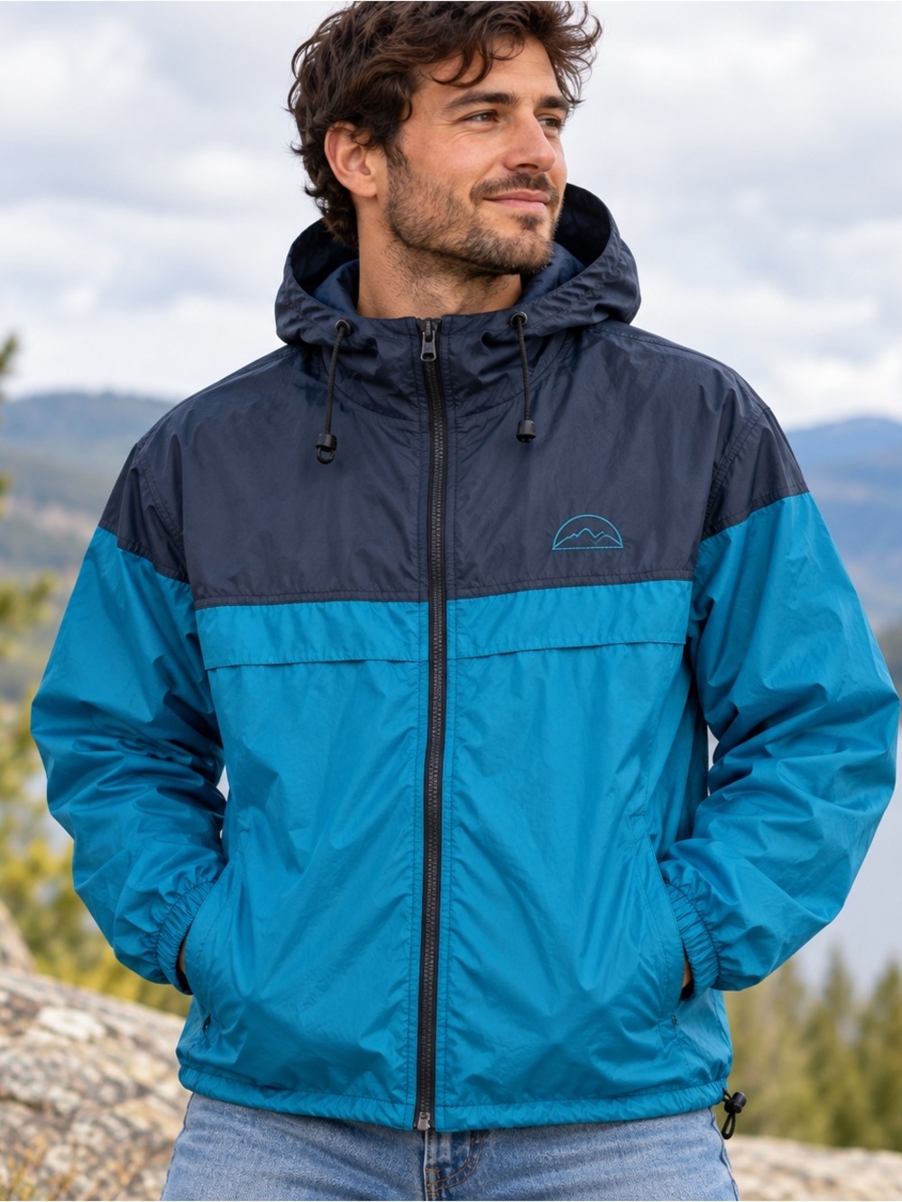 Vintage Brooks Windbreaker Size Large Hooded Exploration Gear Teal Blue Full ZIp